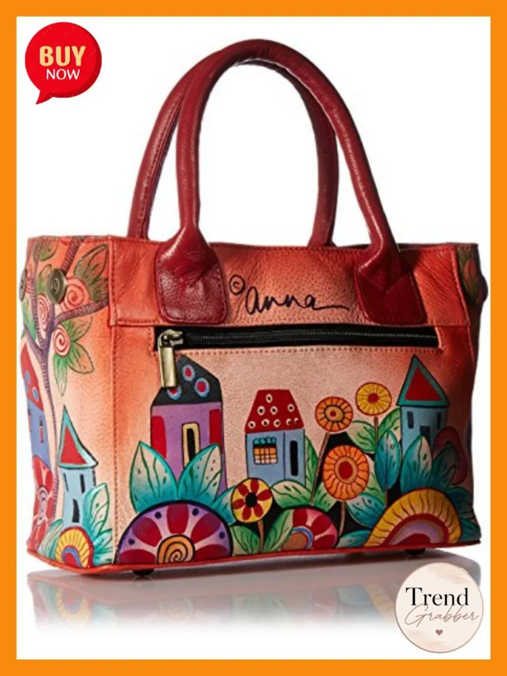 Hand Painted Genuine Leather Small Convertible Tote Satchel w/ Removable